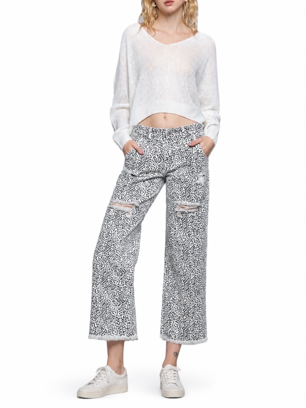 POL Ivory & Gray Leopard Print Distressed Wide Leg Cropped Jeans | Raw Hem Med